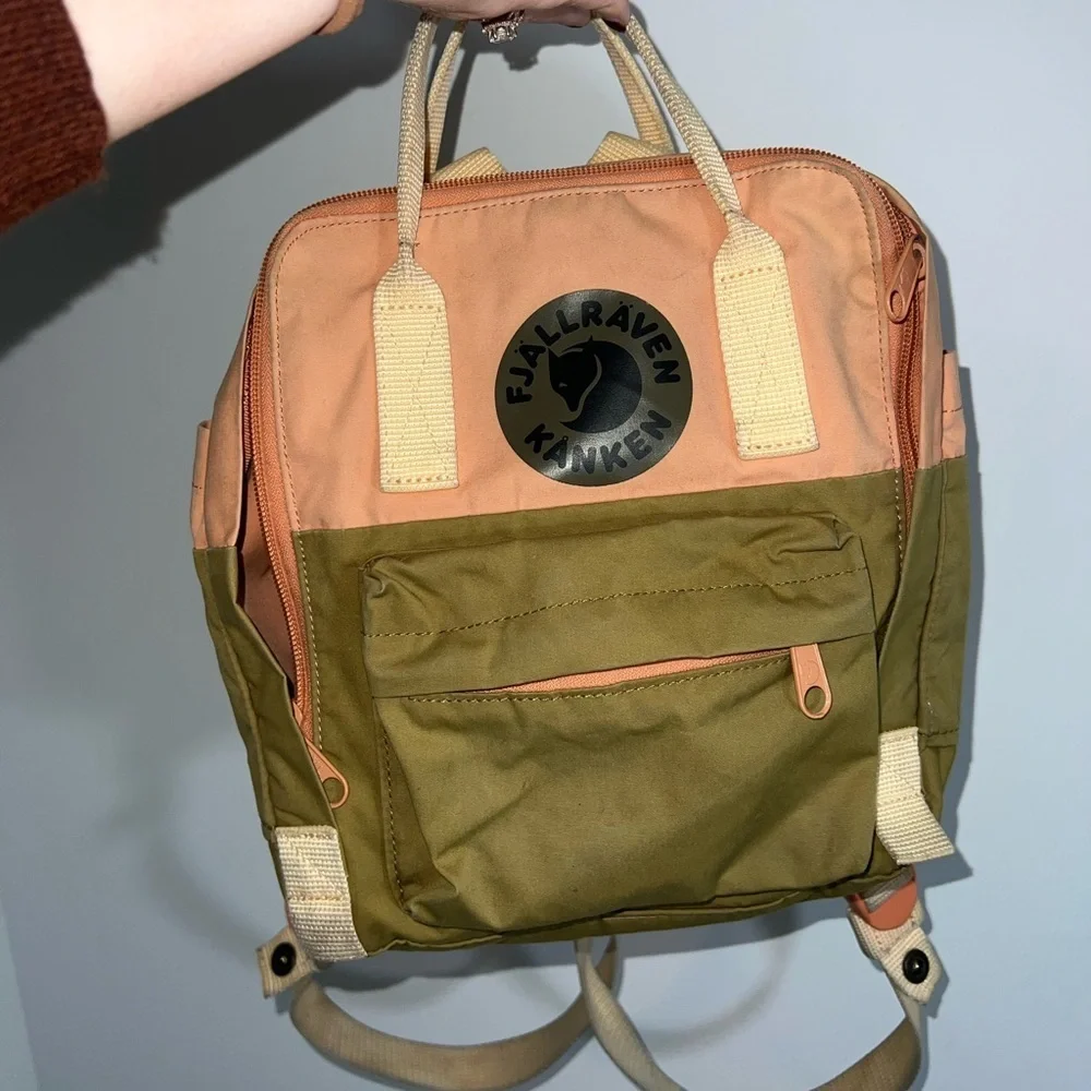 Fjallraven Kanken Art Landsort Backpack in Peach and Olive mini